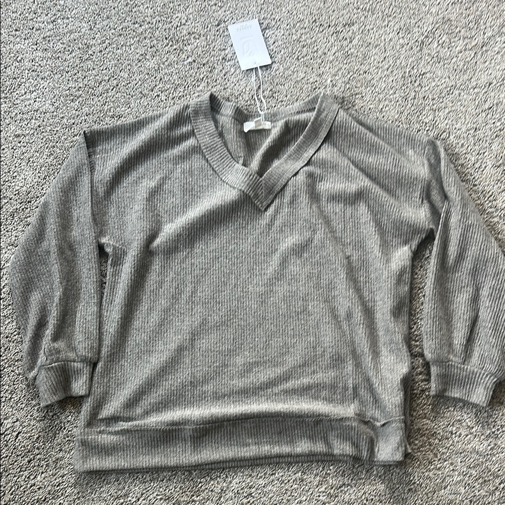 Gray Ribbed V-Neck Sweater
